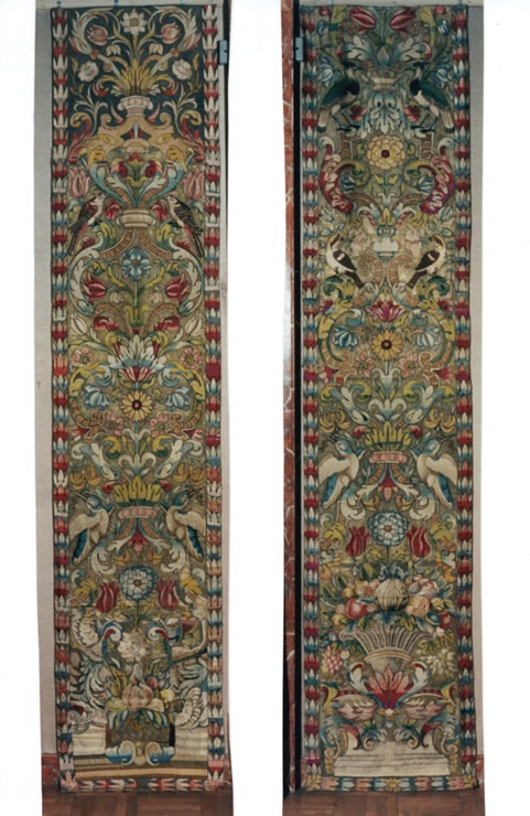 Pair of 17th century Italian baroque silk and metallic thread hangings