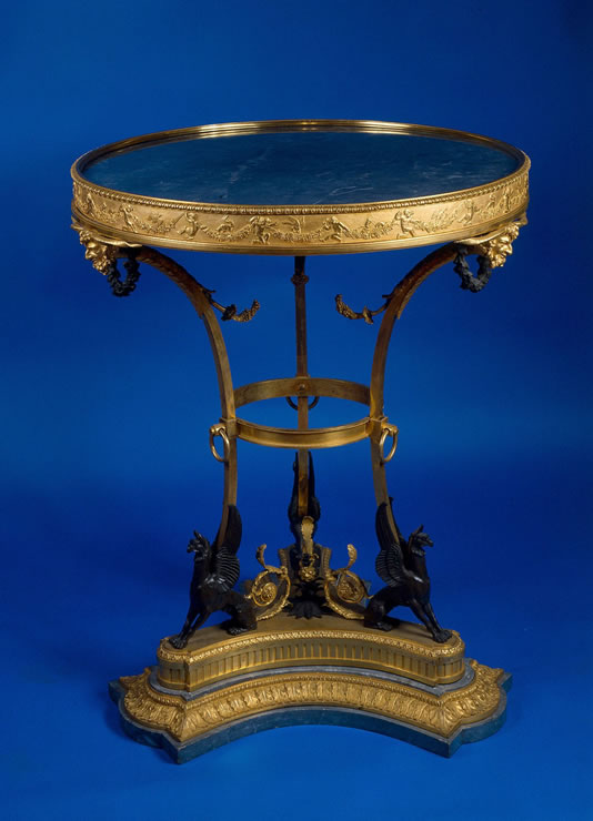 Magnificent Louis XVI <i>bronze dore and bronze patine gueridon with bleu turquin  marble top and base