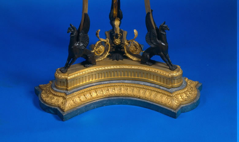 Magnificent Louis XVI <i>bronze dore and bronze patine gueridon with bleu turquin  marble top and base