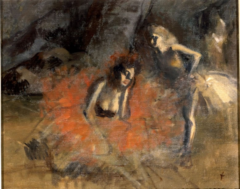Painting by Forain depicting two exhausted ballerinas