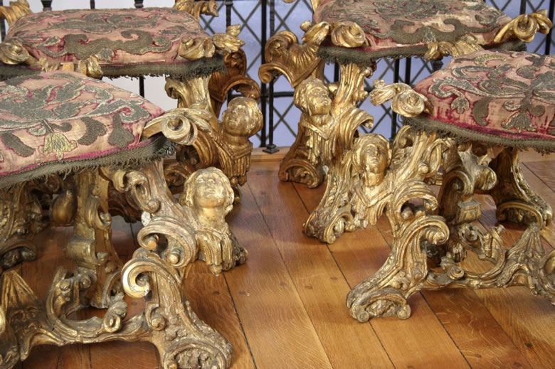 Italian baroque gilded benches original upholstery of silver appliqu on crimson velvet