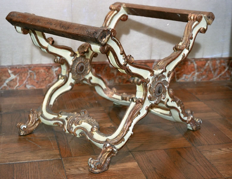  Louis XV X-form painted and parcel gilt benches