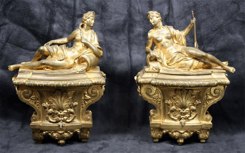 Pair Louis XIV ormoulu chenets depicting river goddesses