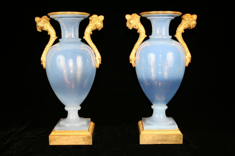 Pair ormolu mounted opaline glass vases