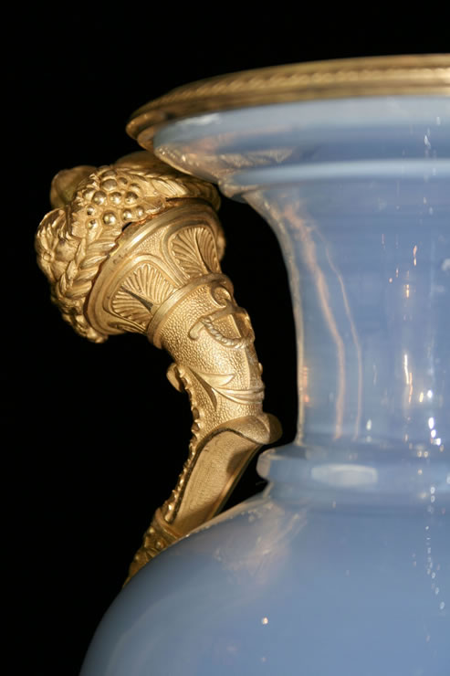 Pair ormolu mounted opaline glass vases