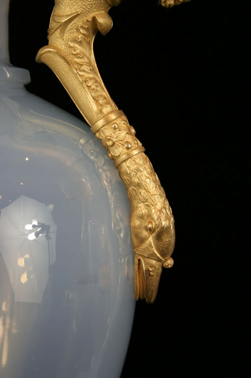 Pair ormolu mounted opaline glass vases