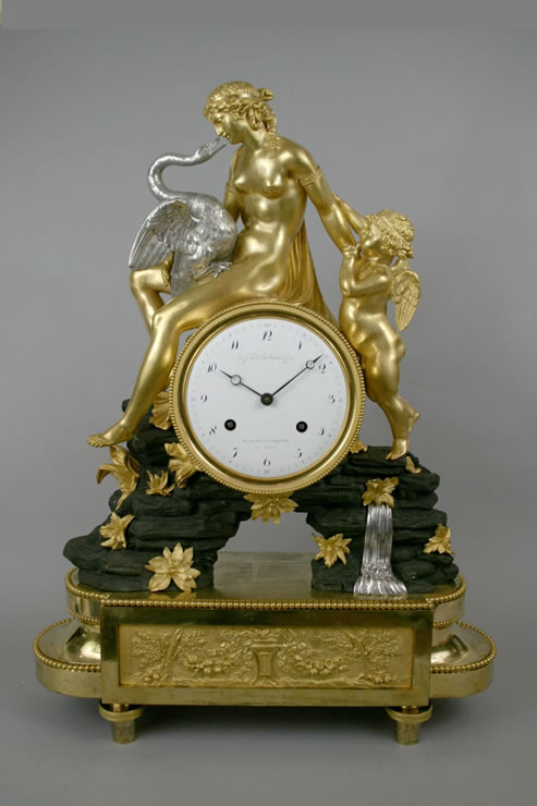 Directoire ormoulu, bronze patin and silvered bronze mantel clock by Deverberie