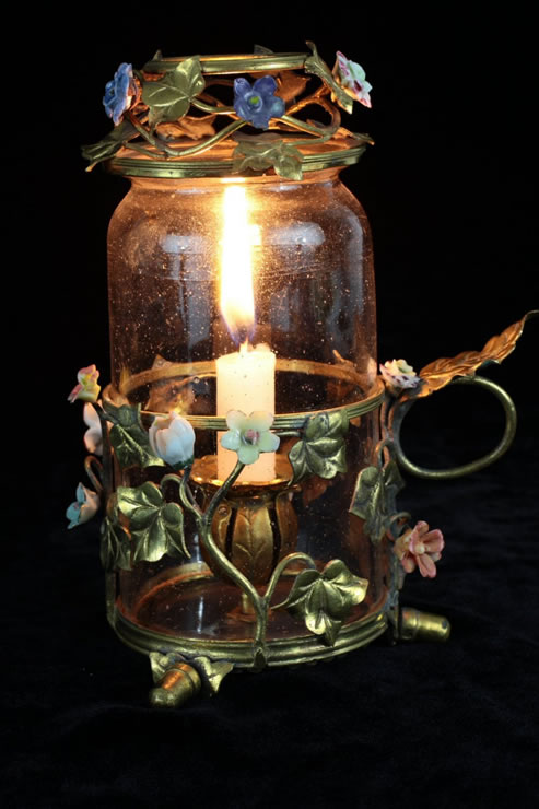 Louis XVI gilded brass, porcelain and glass hurricane lamp