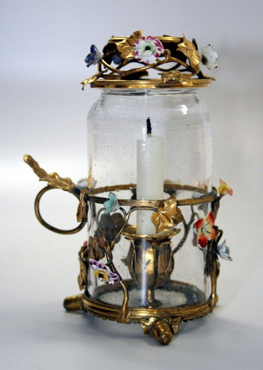 Louis XVI gilded brass, porcelain and glass hurricane lamp