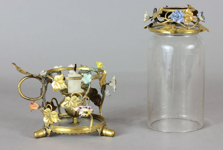 Louis XVI gilded brass, porcelain and glass hurricane lamp