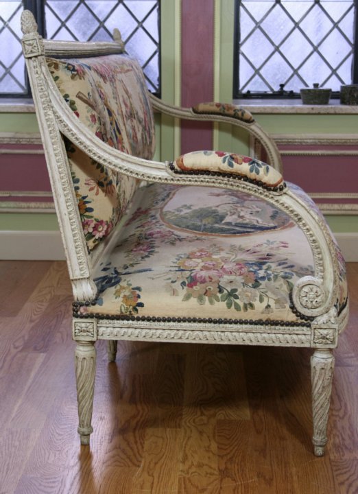 Louis XVI painted canape by Brizard with Aubusson