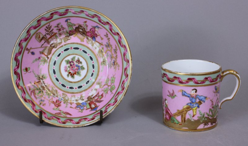 Sevres Chinoiserie pink ground cup and saucer
