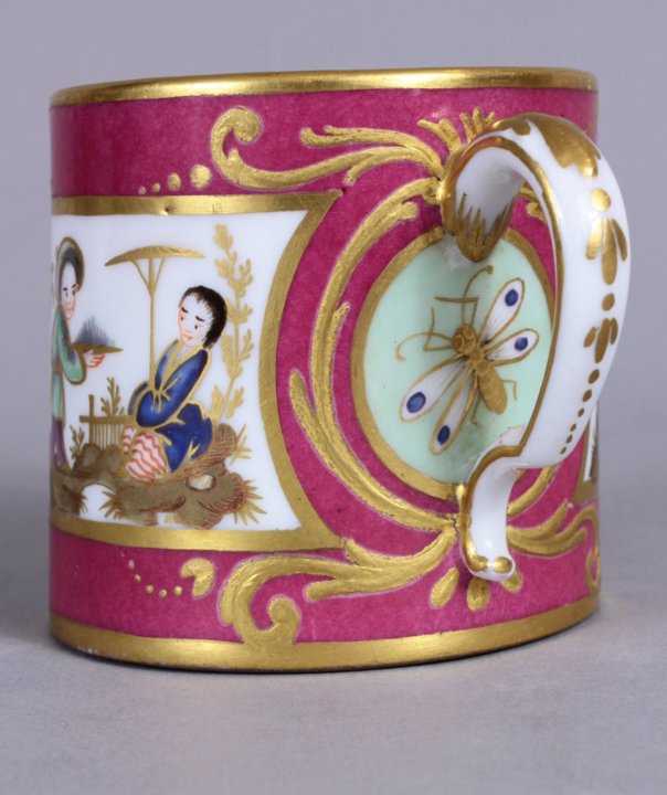 Sevres cerise and celadon Chinoiserie cup and saucer